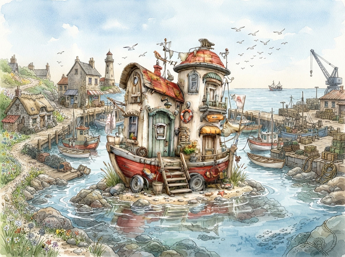Wandbild Hausboot Karikatur 3 Kunstdruck auf Leinwand
