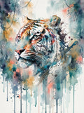 Aquarell Wandbild weißer Tiger mit bunten Farbspritzern im Dschungel