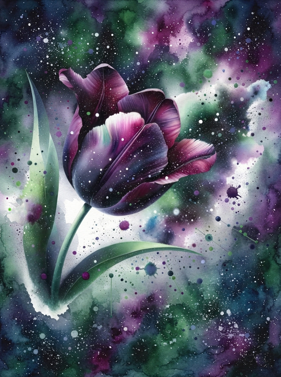 Wandbild Tulpe Aquarell Dunkelviolett Galaxie Grün Sternennebel Kunstdruck auf Leinwand