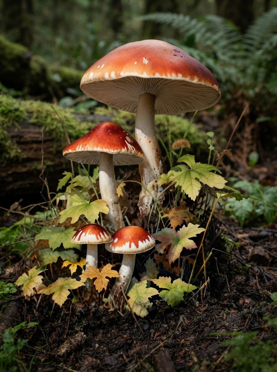 Wandbild Waldpilz Vier Pilze Herbstlaub Farne Waldboden Kunstdruck auf Leinwand