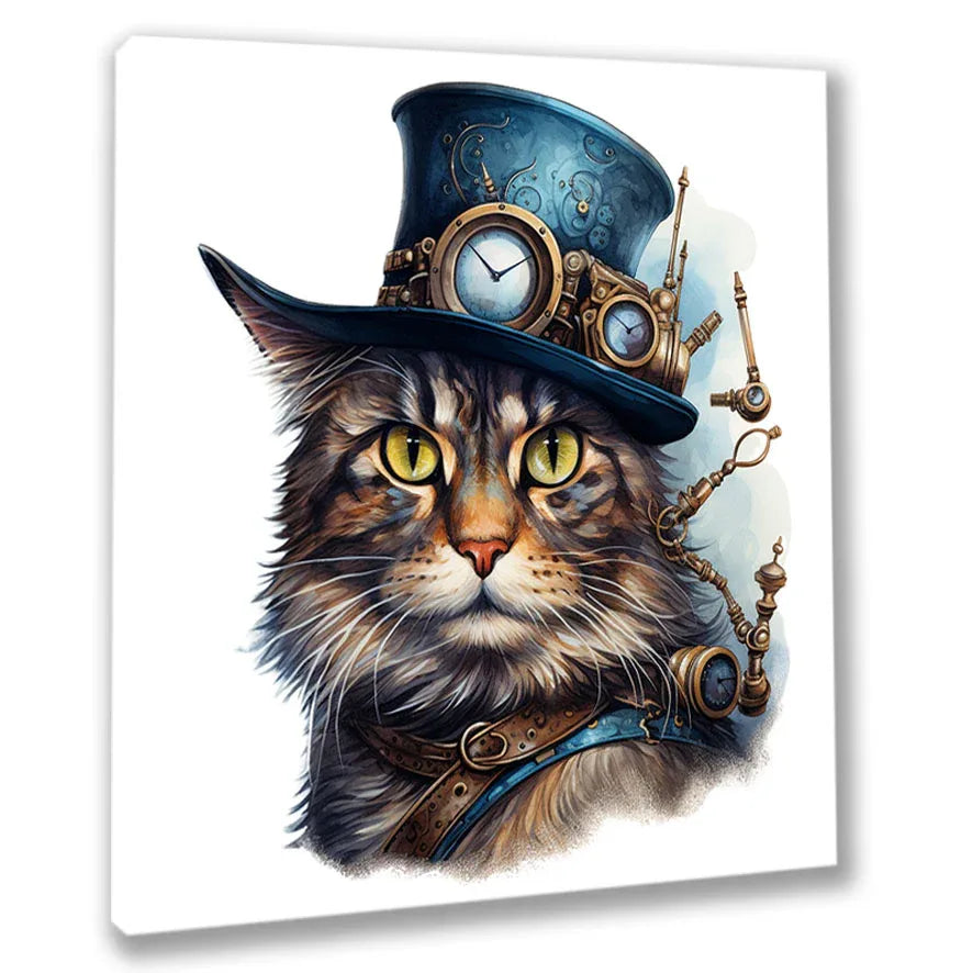 Wandbild Katzenkopf 3 Steampunk Kunstdruck auf Leinwand direkt zum Aufhängen | Wandbild Galerie