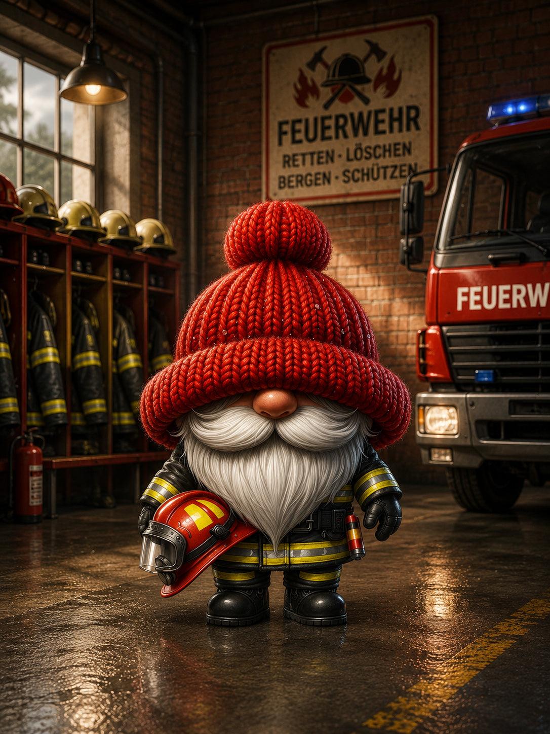 Feuerwehr Wichtel mit rotem Helm Kunstdruck auf Leinwand