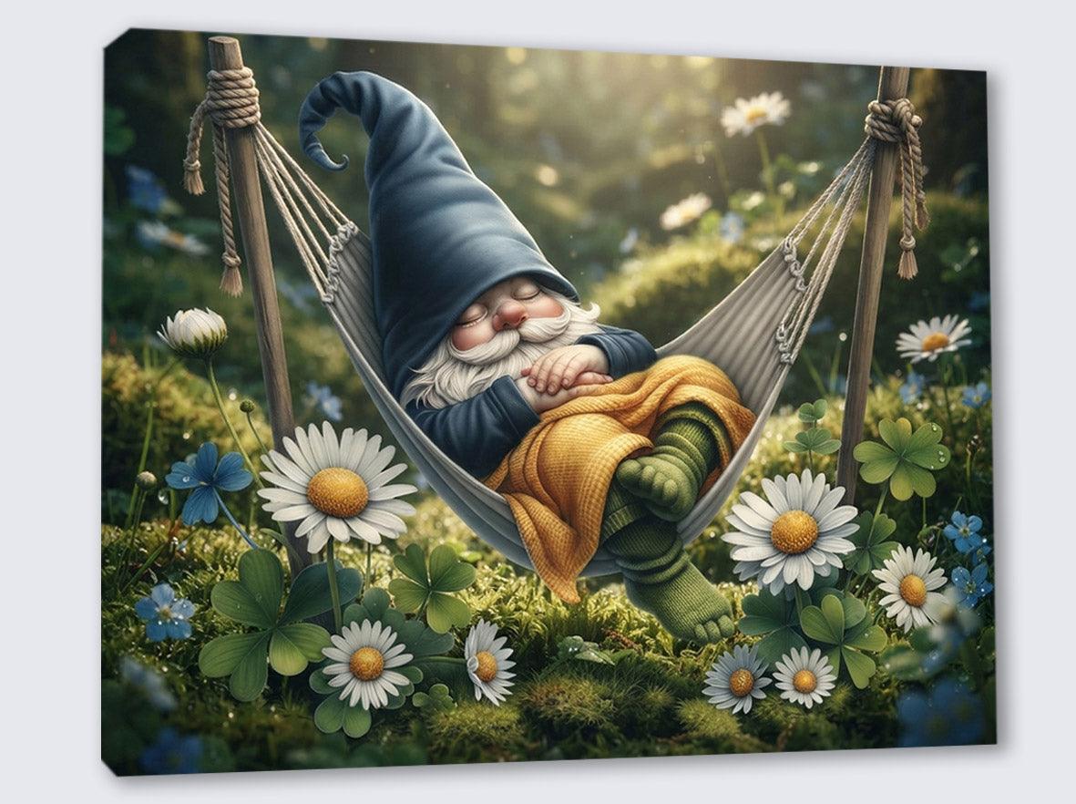 Wandbild Wichtel schläft in der Hängematte Kunstdruck auf Leinwand