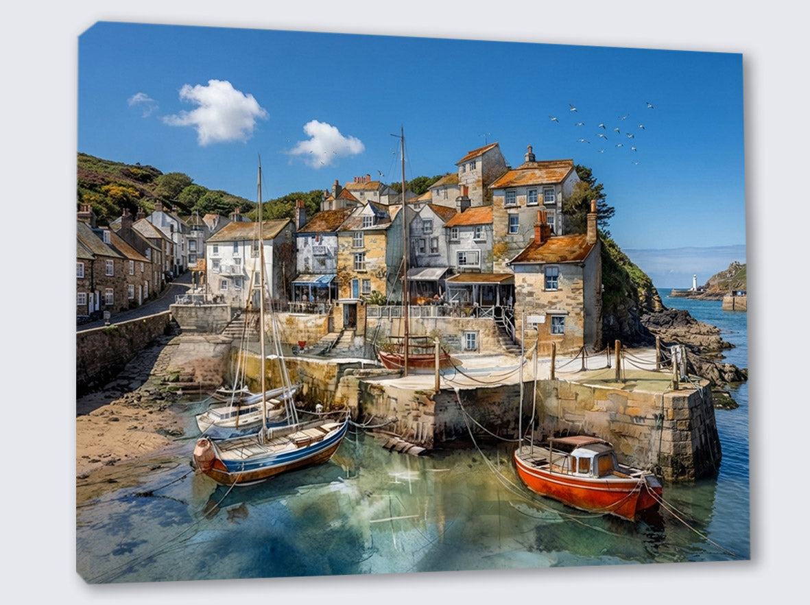 Wandbild Fischerboot Hafen Segelboot Felsvorsprung Leuchtturm Türkises Wasser Kunstdruck auf Leinwand