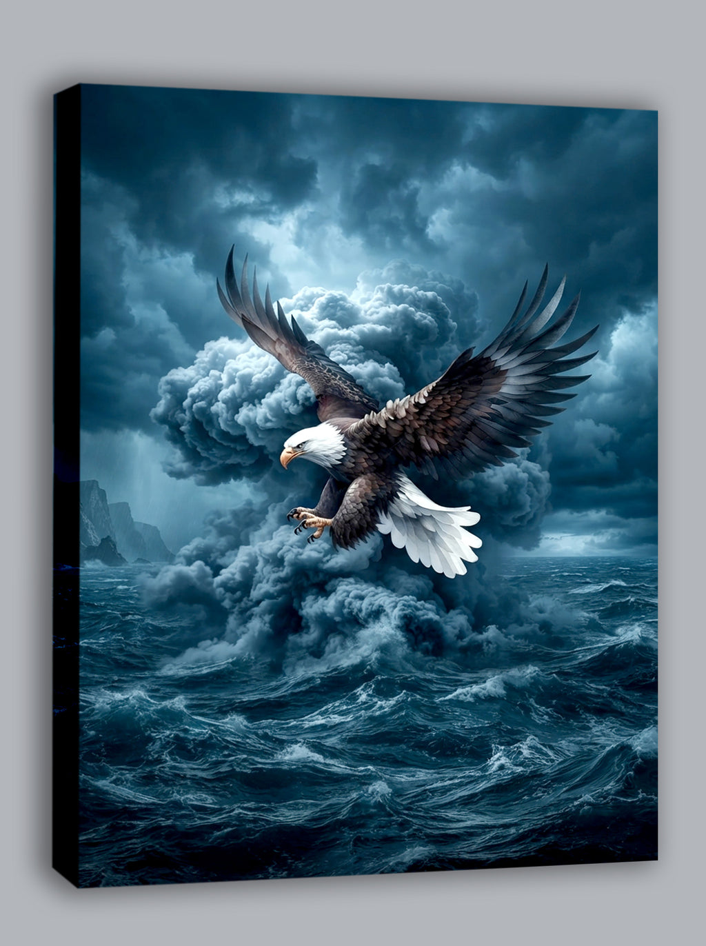 Wandbild Adler Seitenflug Sturmwolke Hochsee Brandung Blaue Stimmung Kunstdruck auf Leinwand