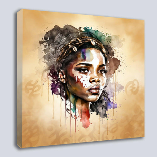 Afrikanerin Nr. 4 – Portrait mit Kaurimuscheln Aquarell Kunstdruck auf Leinwand