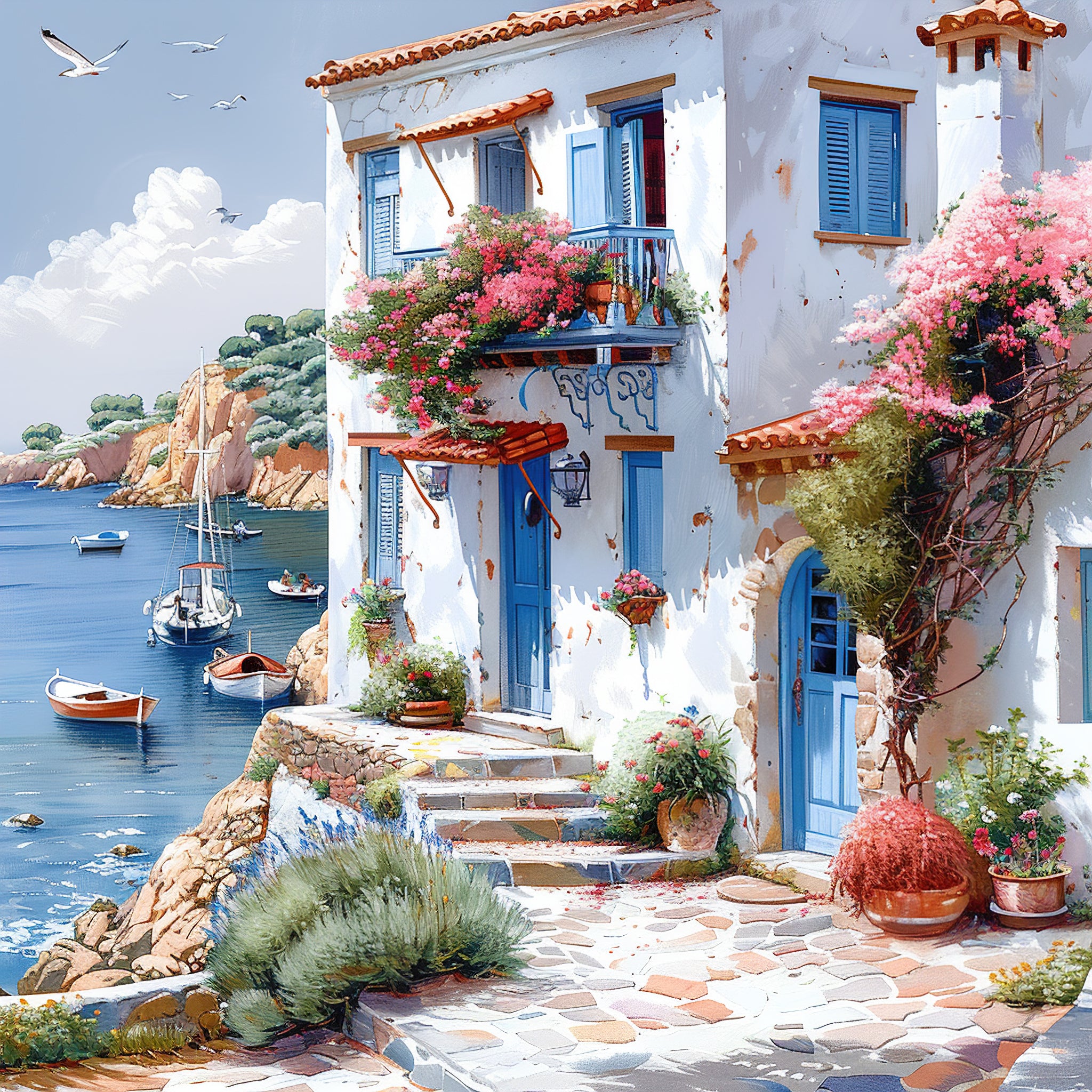 Mediterrane Küste 4  Landschaft Wandbild  Kunstdruck auf Leinwand