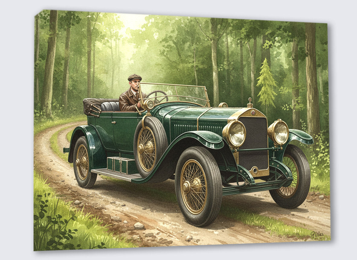 Wandbild Oldtimer Grüner Tourenwagen Fahrer Waldweg Sonnenlicht Kunstdruck auf Leinwand