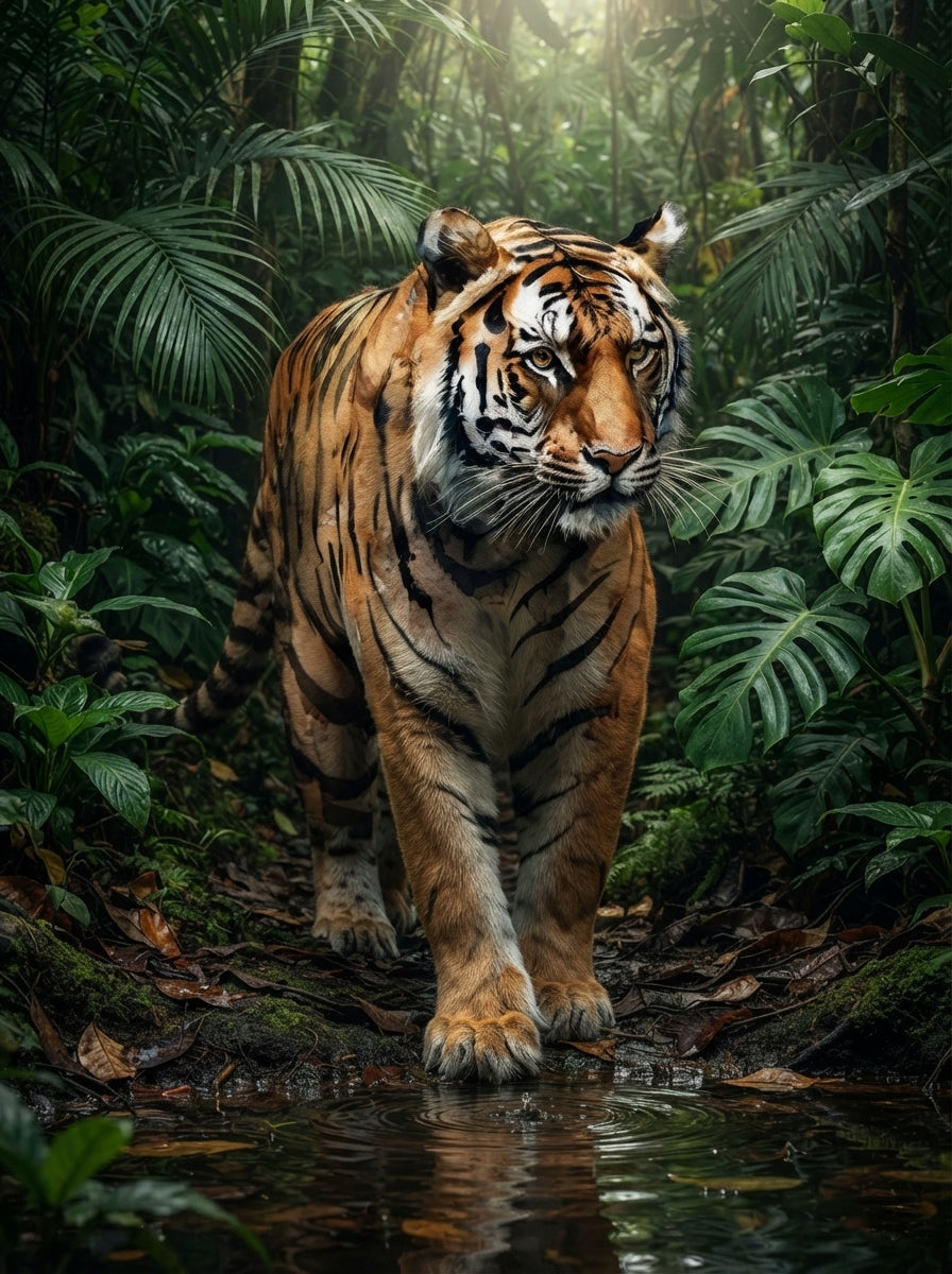 Bengal-Tiger läuft frontal durch Regenwald mit Wasserpfütze und tropischer Vegetation