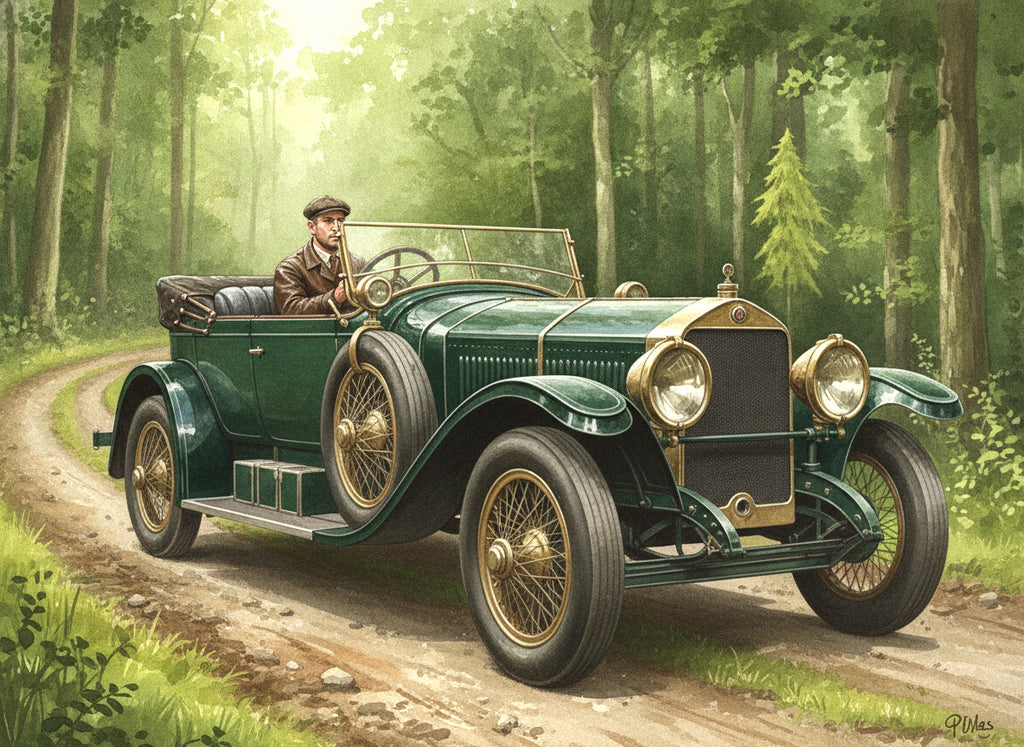 Wandbild Oldtimer Grüner Tourenwagen Fahrer Waldweg Sonnenlicht Kunstdruck auf Leinwand