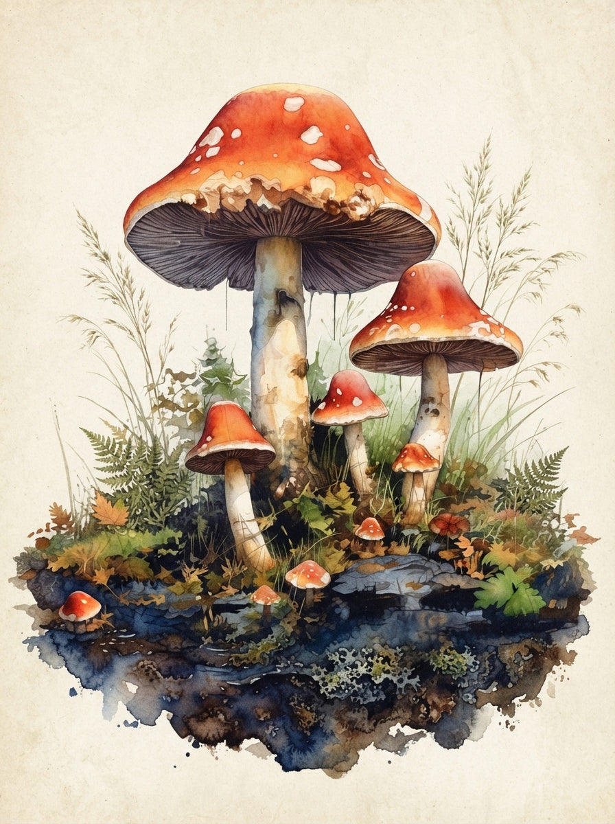 Wandbild Waldpilz Aquarell Fliegenpilze Gruppe Gräser Farne Beige Kunstdruck auf Leinwand
