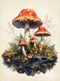 Wandbild Waldpilz Aquarell Fliegenpilze Gruppe Gräser Farne Beige Kunstdruck auf Leinwand