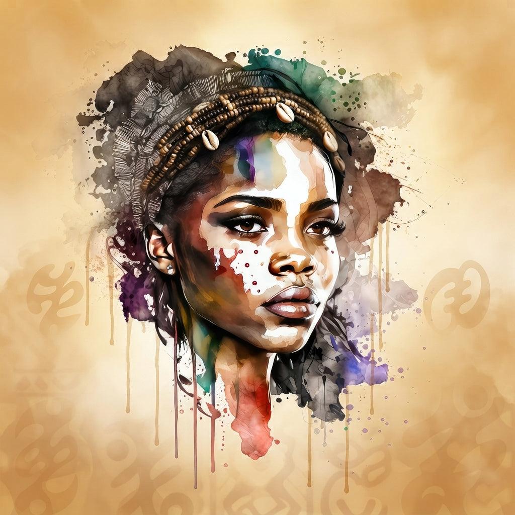 Afrikanerin Nr. 4 – Portrait mit Kaurimuscheln Aquarell Kunstdruck auf Leinwand