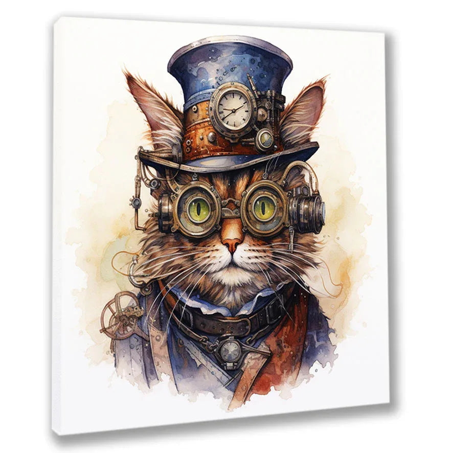 Wandbild Katzenkopf 4 Steampunk Kunstdruck auf Leinwand direkt zum Aufhängen | Wandbild Galerie