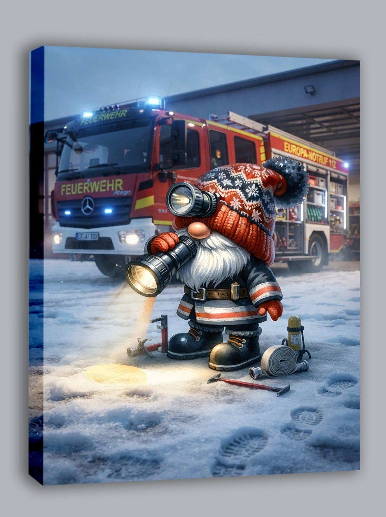 Feuerwehr Wichtel Wintereinsatz mit Taschenlampe Kunstdruck auf Leinwand