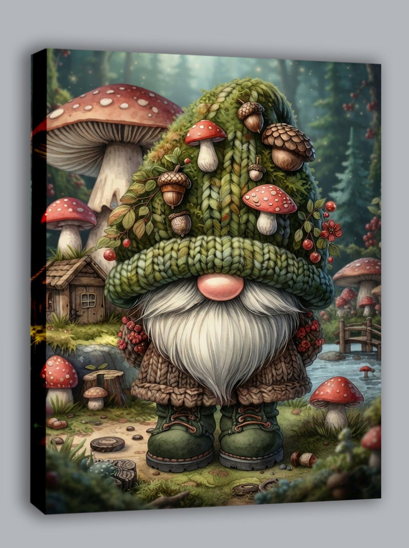 Wandbild Pilzwald Wichtel mit Strickhut Kunstdruck auf Leinwand