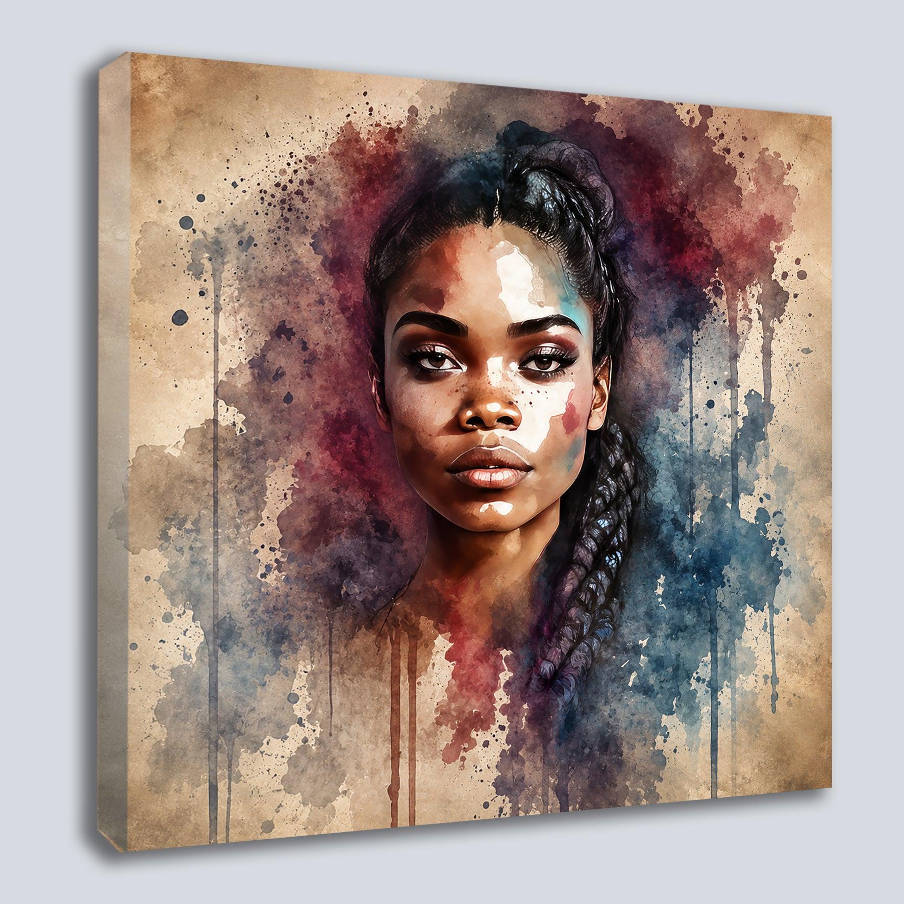 Afrikanerin Nr. 5 – Portrait mit Zöpfen Aquarell Kunstdruck auf Leinwand