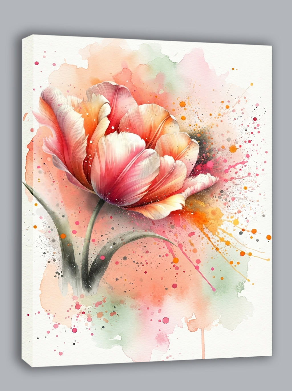 Wandbild Tulpe Aquarell Lachs Orange Rosa Farbspritzer Frühlingsblüte Kunstdruck auf Leinwand