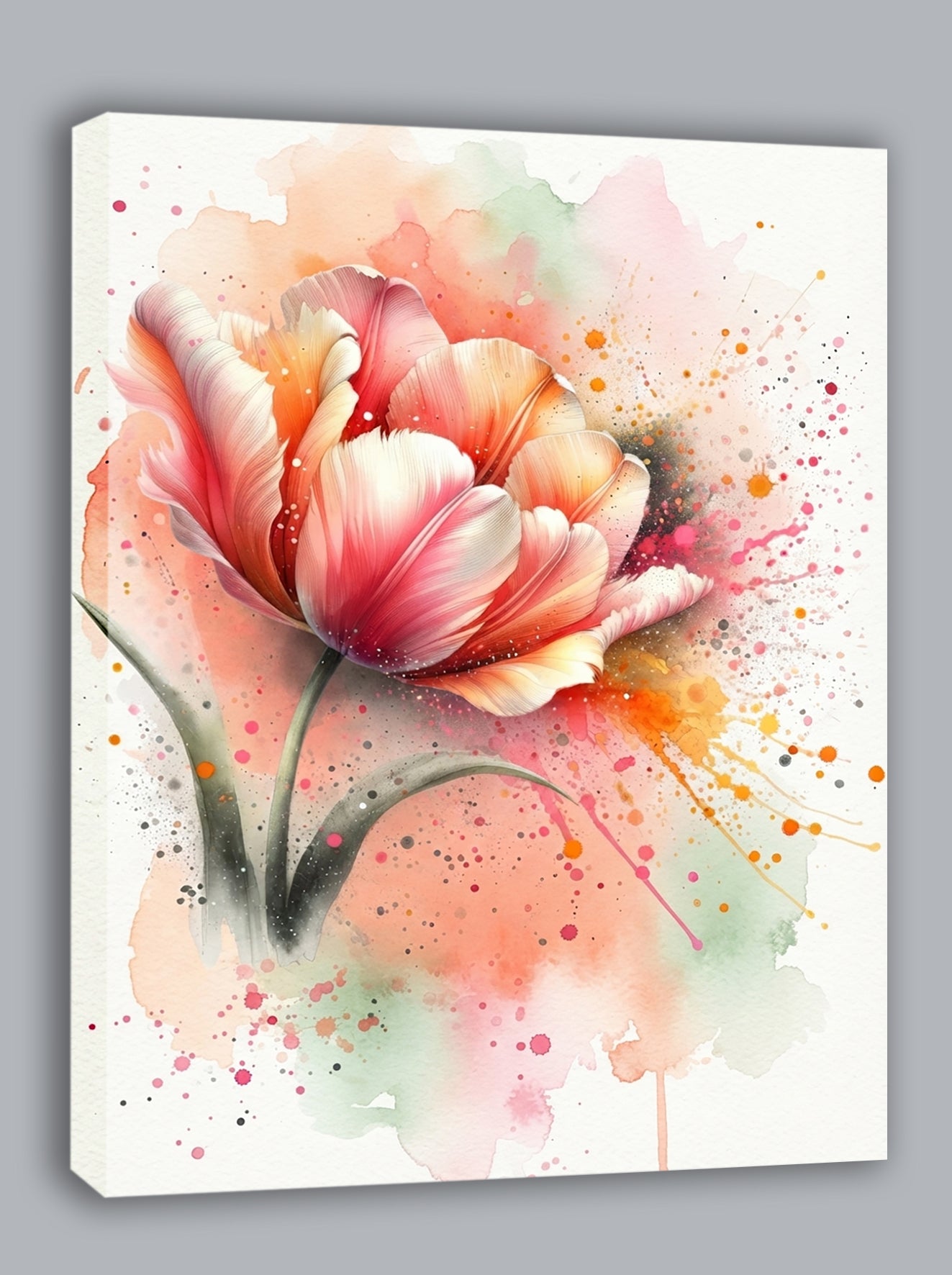 Wandbild Tulpe Aquarell Lachs Orange Rosa Farbspritzer Frühlingsblüte Kunstdruck auf Leinwand