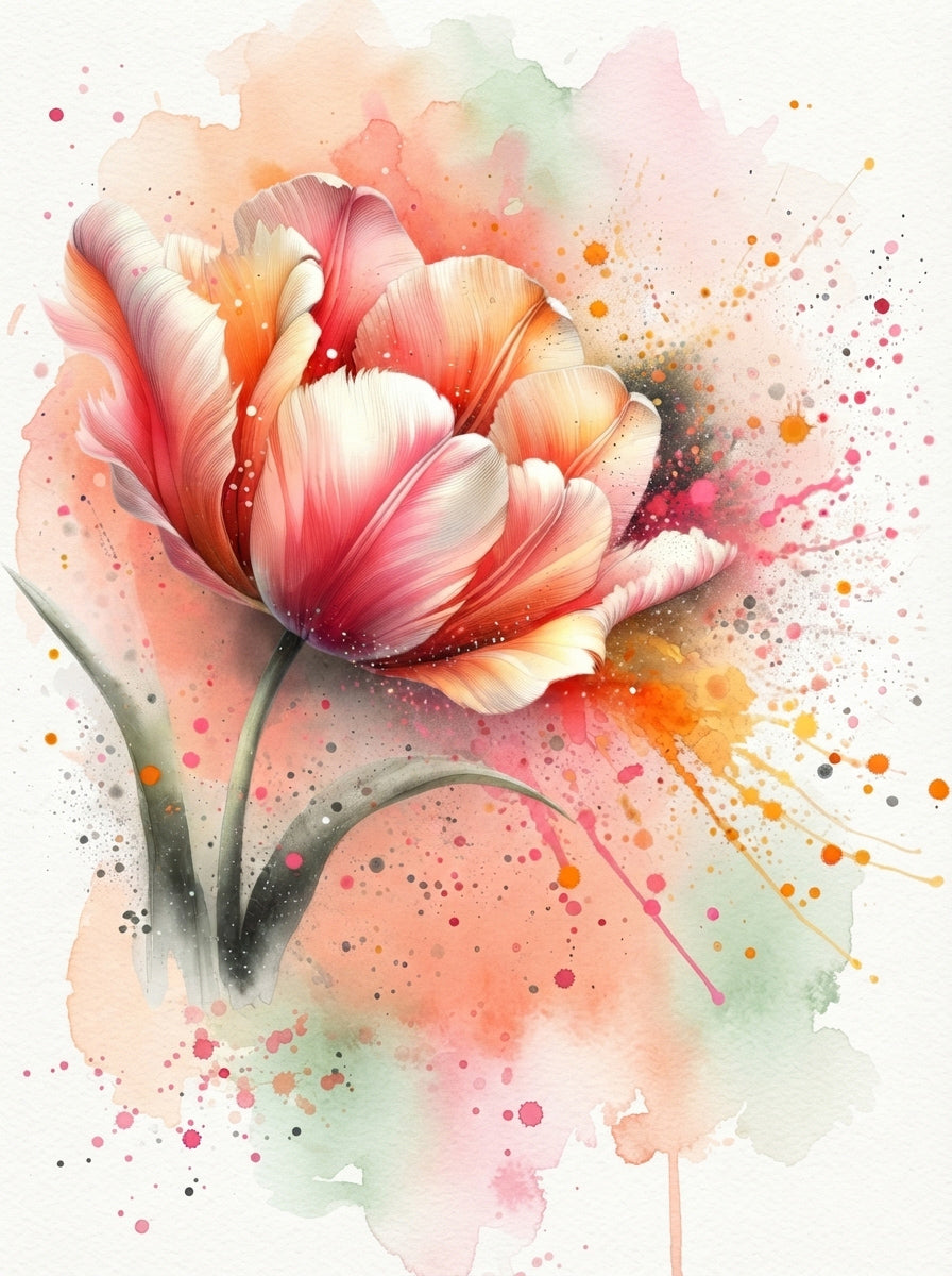Wandbild Tulpe Aquarell Lachs Orange Rosa Farbspritzer Frühlingsblüte Kunstdruck auf Leinwand