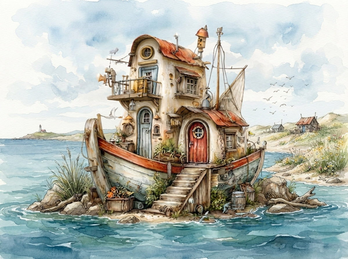 Wandbild Hausboot Karikatur 5 Kunstdruck auf Leinwand