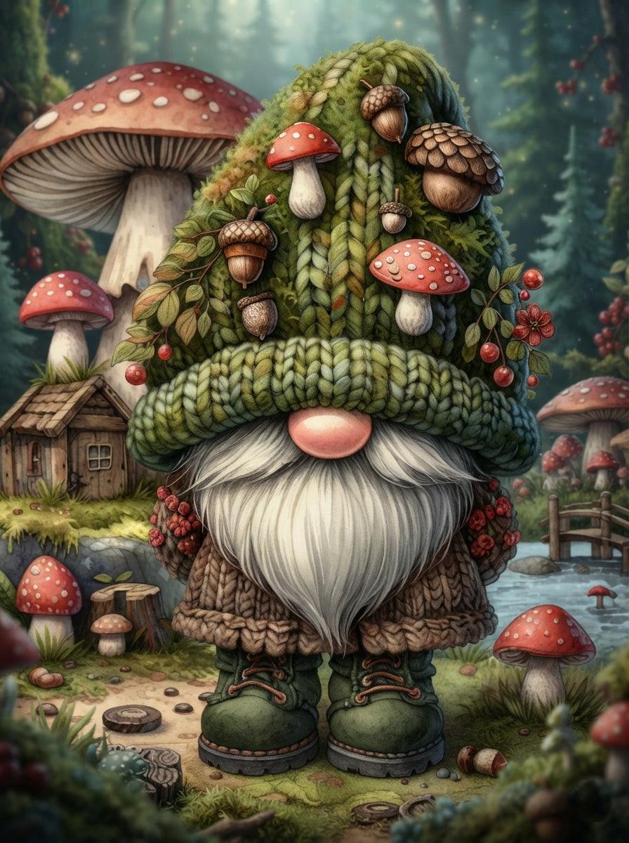 Wandbild Pilzwald Wichtel mit Strickhut Kunstdruck auf Leinwand
