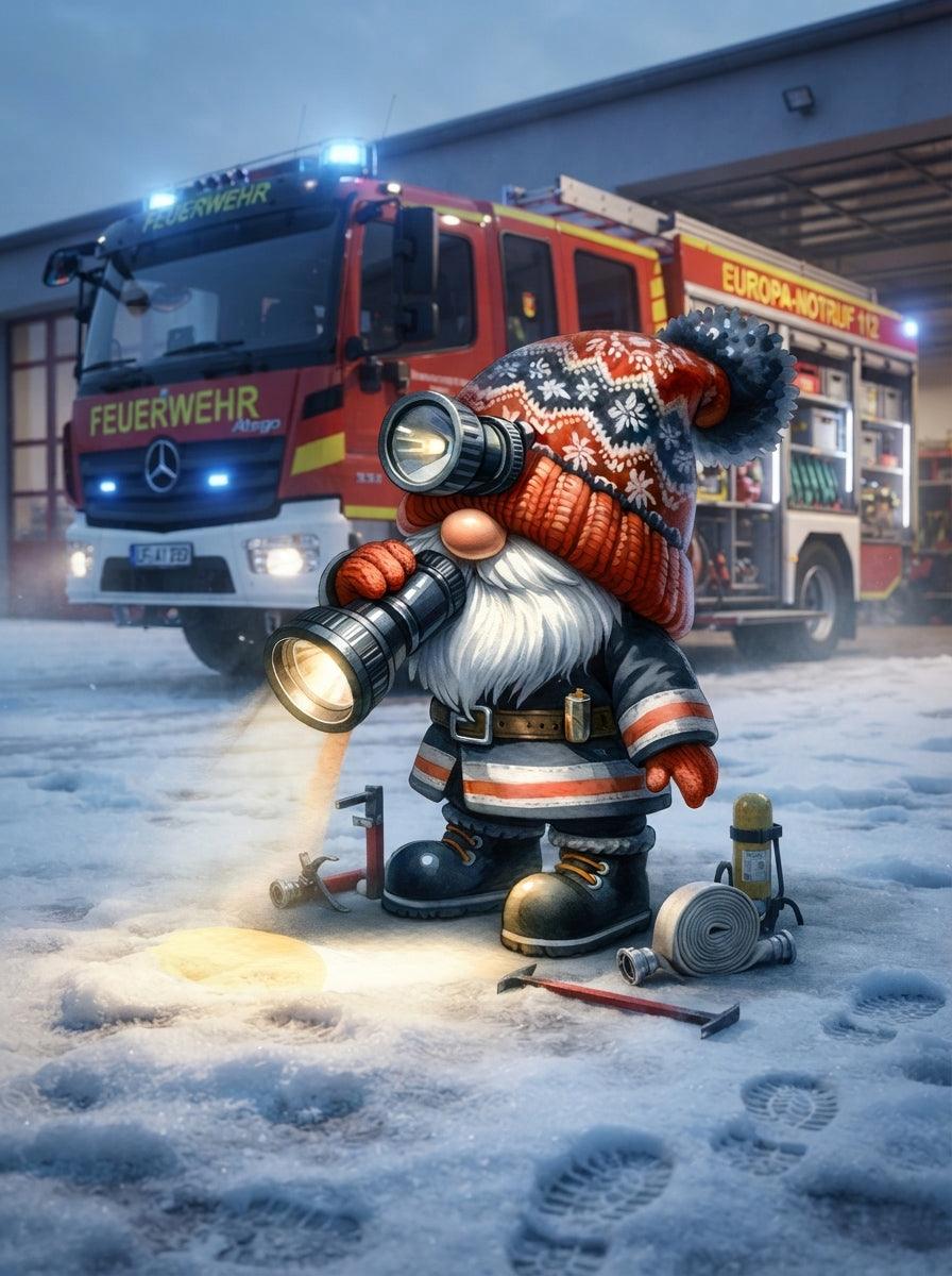 Feuerwehr Wichtel Wintereinsatz mit Taschenlampe Kunstdruck auf Leinwand