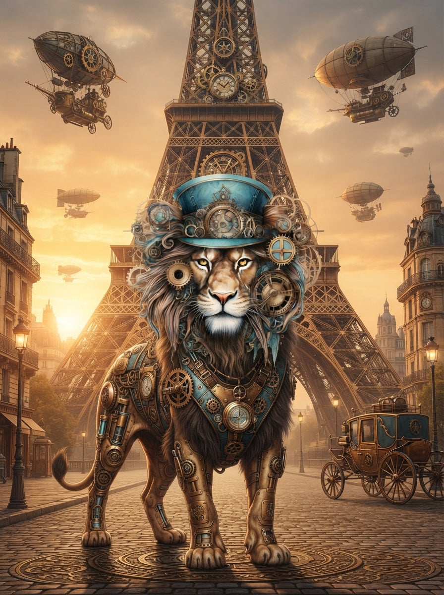 Wandbild Löwen Steampunk Paris Kunstdruck auf Leinwand