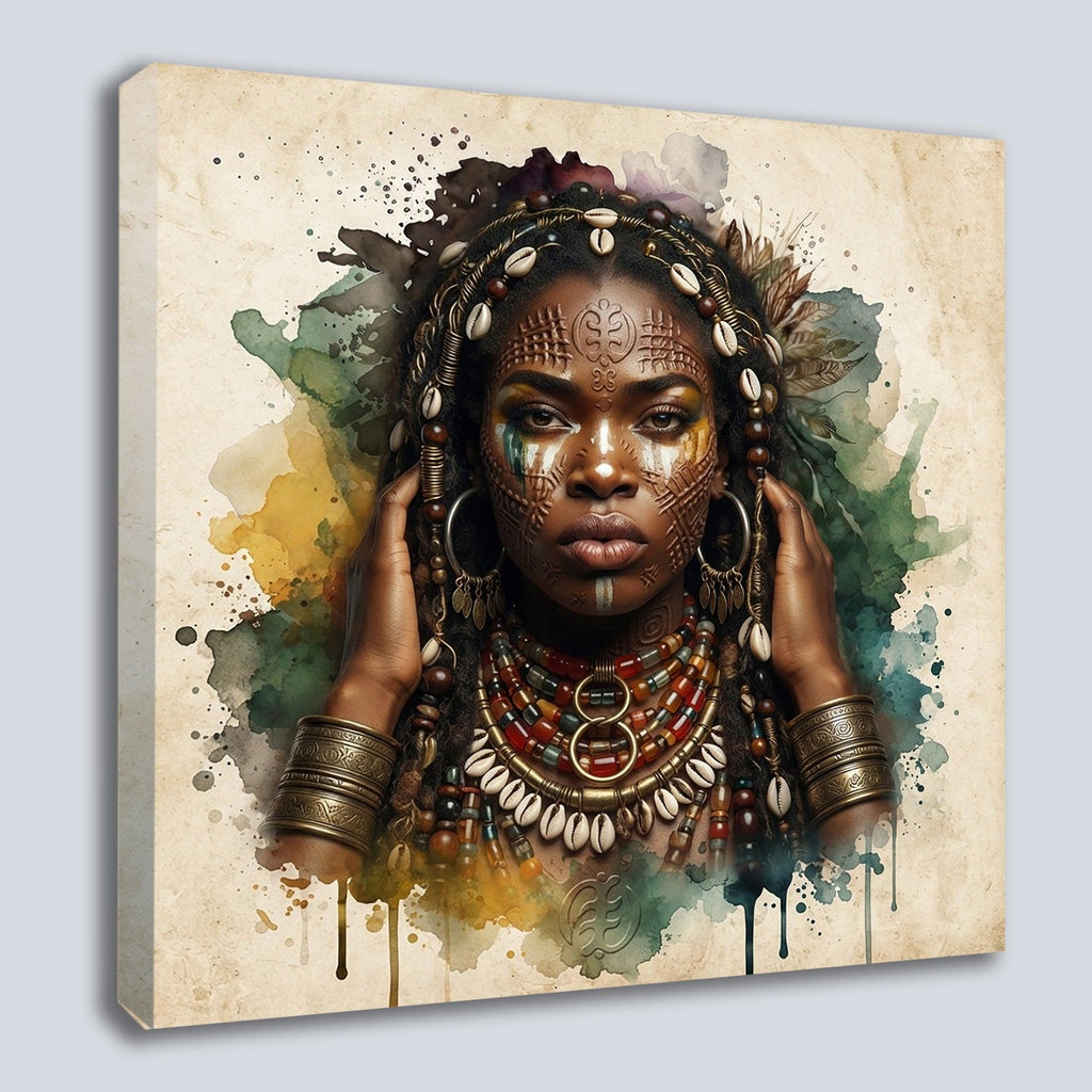 Afrikanerin Nr. 6 – Stammeskönigin mit Schmuck Aquarell Kunstdruck auf Leinwand