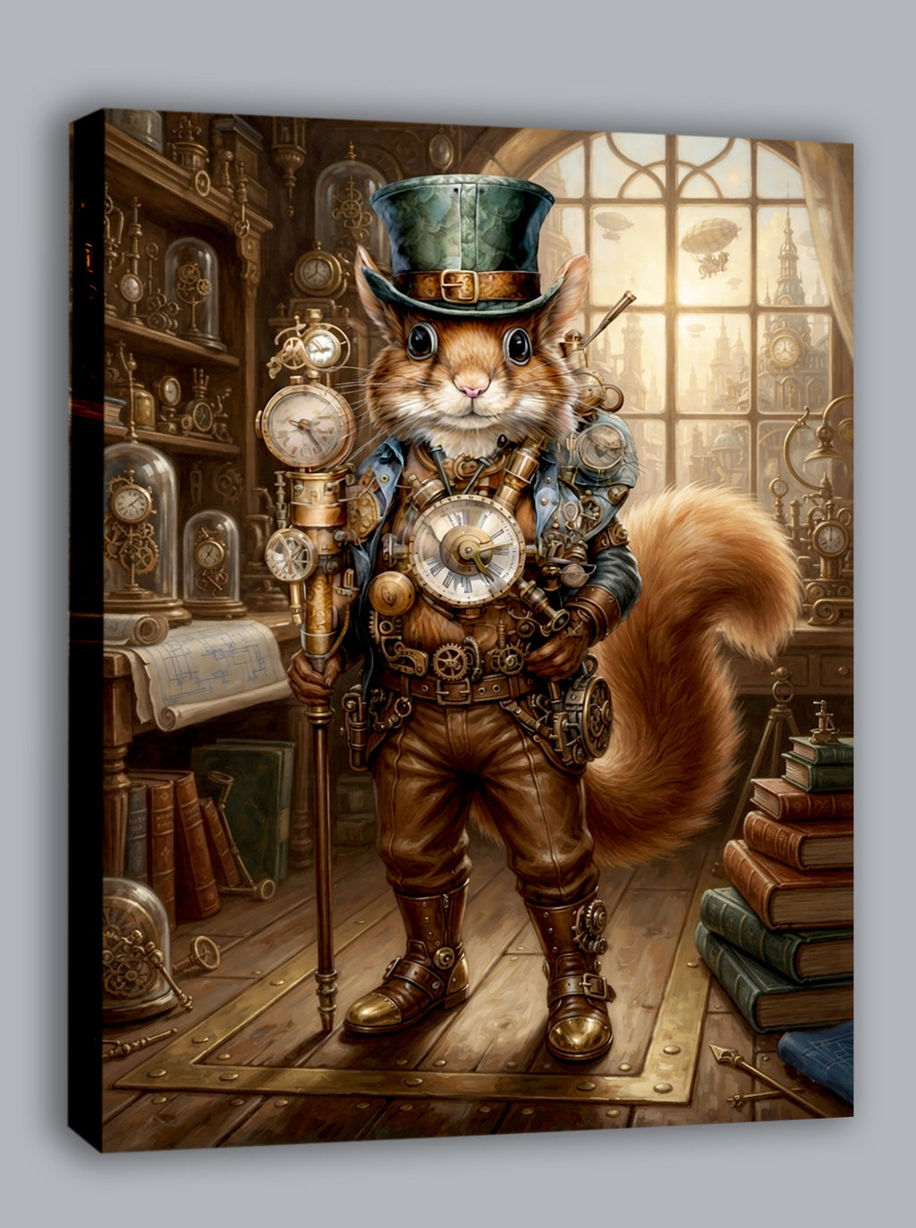 Wandbild Eichhörnchen Steampunk Uhrmacher Grüner Zylinder Uhrenatelier Kunstdruck auf Leinwand