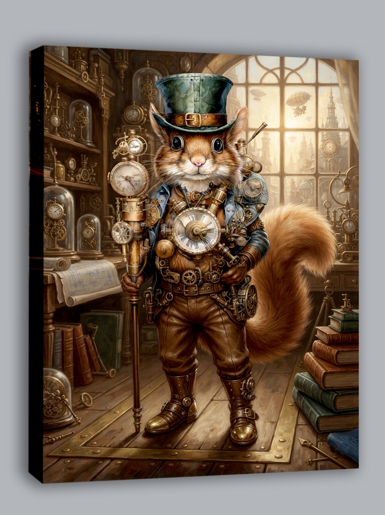 Wandbild Eichhörnchen Steampunk Uhrmacher Grüner Zylinder Uhrenatelier Kunstdruck auf Leinwand