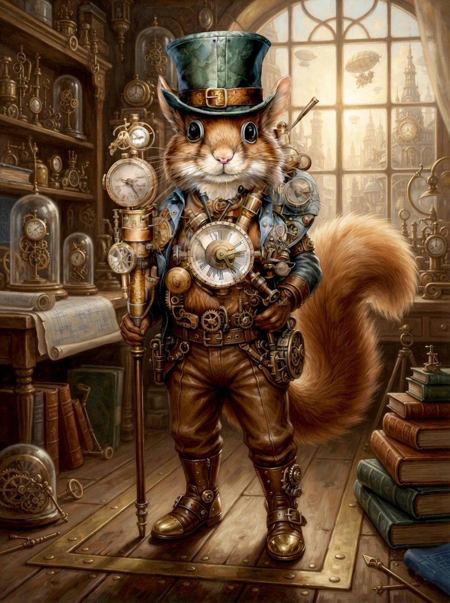 Wandbild Eichhörnchen Steampunk Uhrmacher Grüner Zylinder Uhrenatelier Kunstdruck auf Leinwand