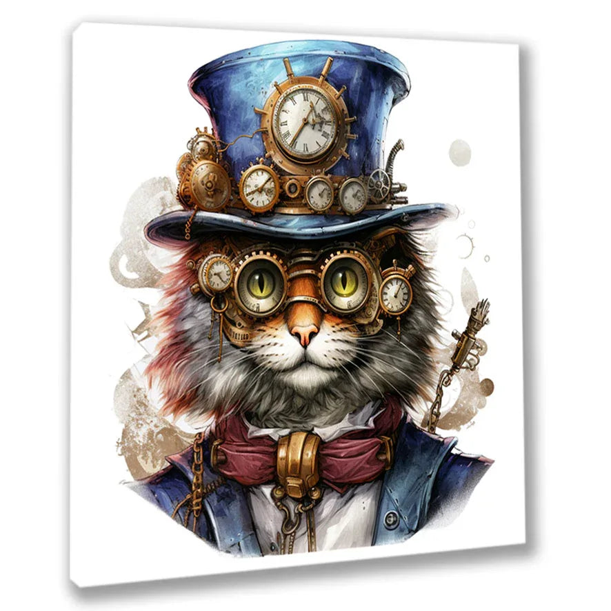 Wandbild Katzenkopf 6 Steampunk Kunstdruck auf Leinwand direkt zum Aufhängen | Wandbild Galerie