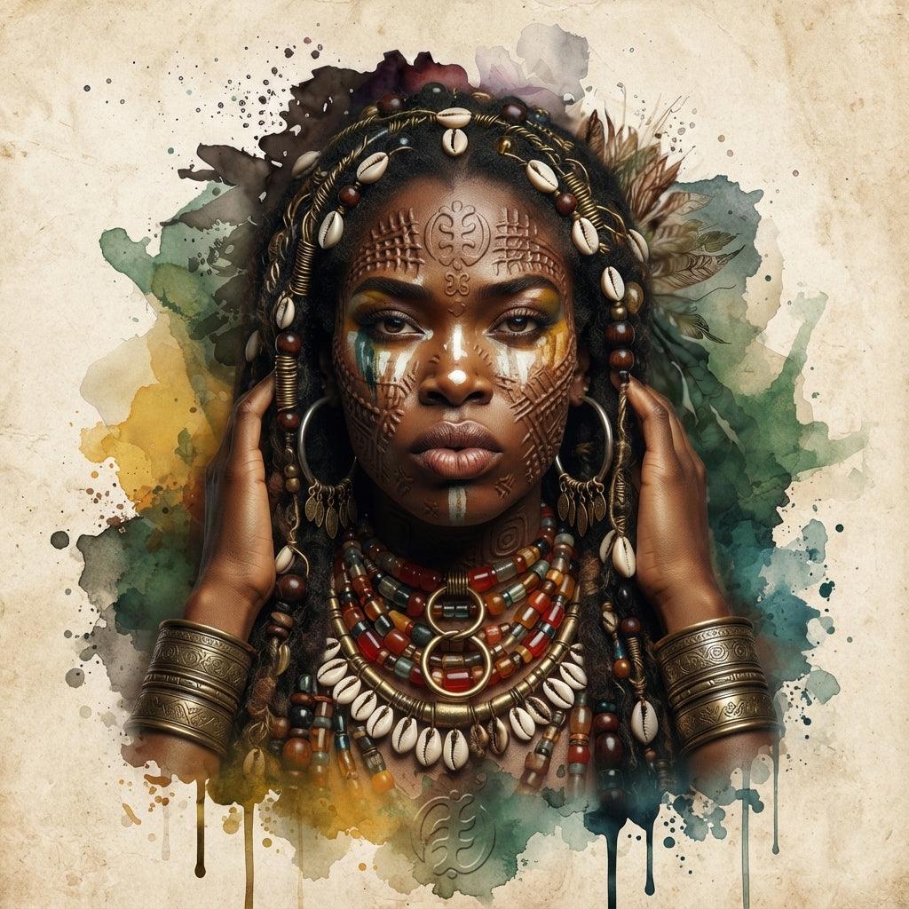 Afrikanerin Nr. 6 – Stammeskönigin mit Schmuck Aquarell Kunstdruck auf Leinwand