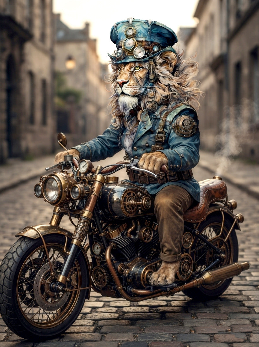 Wandbild Löwen Steampunk Motorrad Kunstdruck auf Leinwand