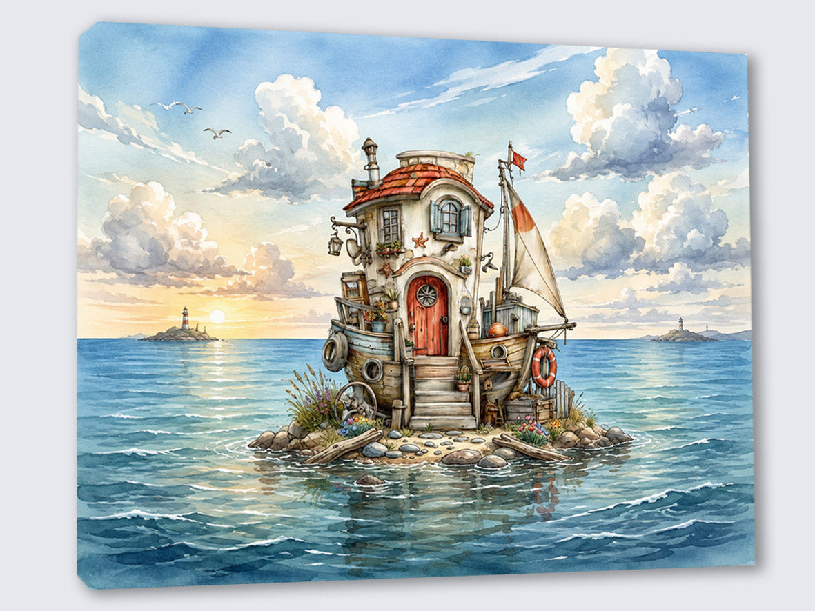 Wandbild Hausboot Karikatur 4 Kunstdruck auf Leinwand