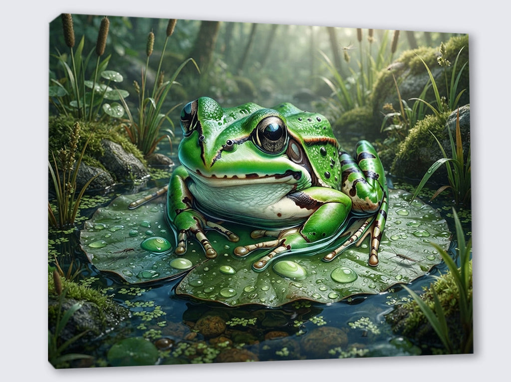 Wandbild Frosch Seerosenblatt Wassertropfen Schilf Waldlicht Kunstdruck auf Leinwand