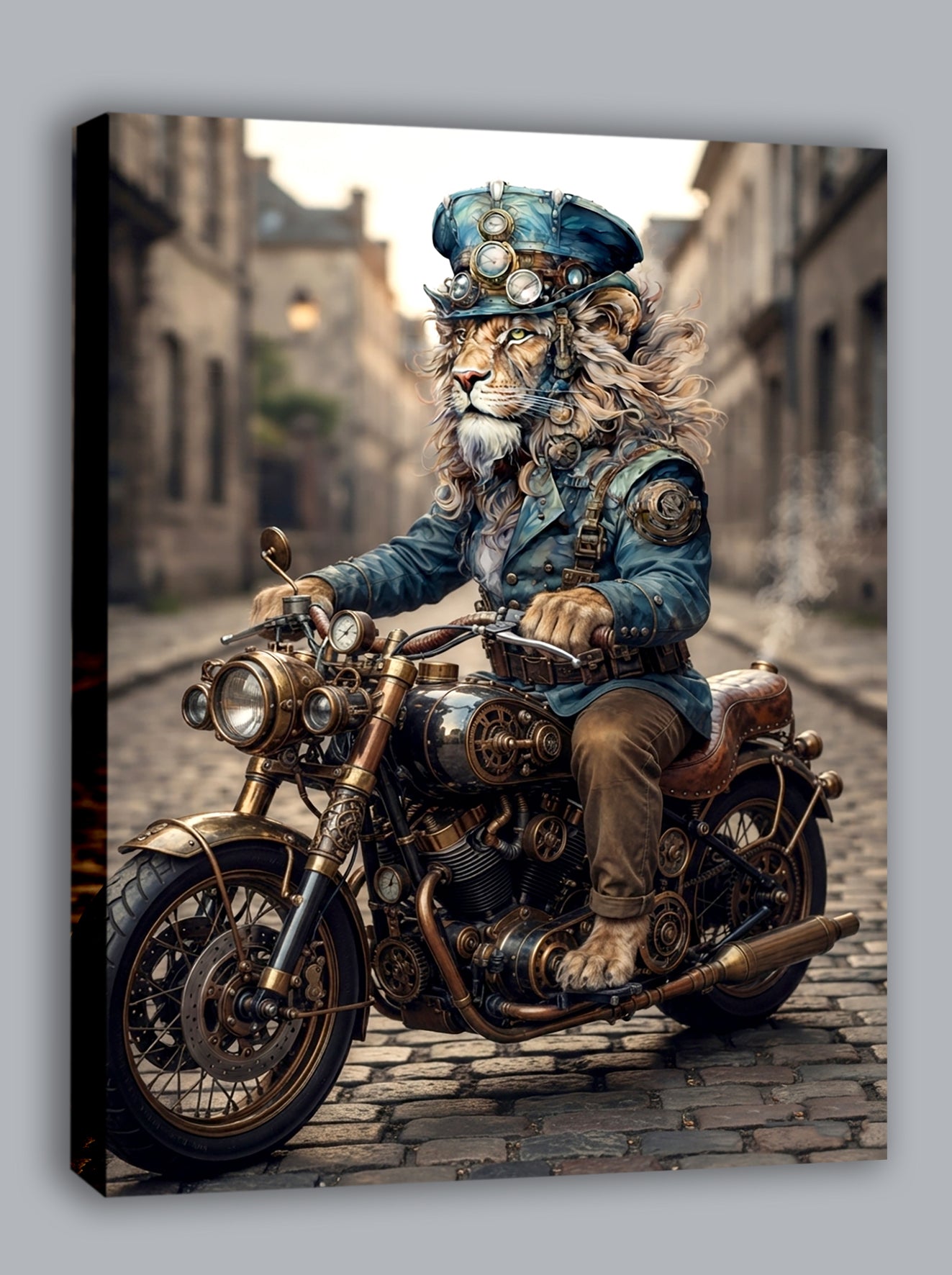 Wandbild Löwen Steampunk Motorrad Kunstdruck auf Leinwand