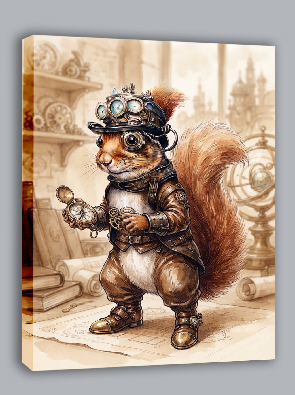 Wandbild Eichhörnchen Steampunk Abenteurer Kompass Aquarell Sepia Kunstdruck auf Leinwand