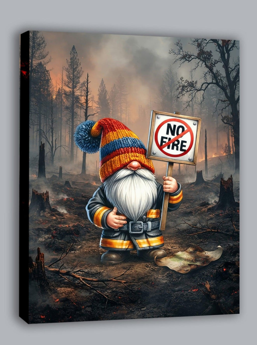 Feuerwehr Wichtel im ausgebrannten Wald mit No Fire Schild Kunstdruck auf Leinwand