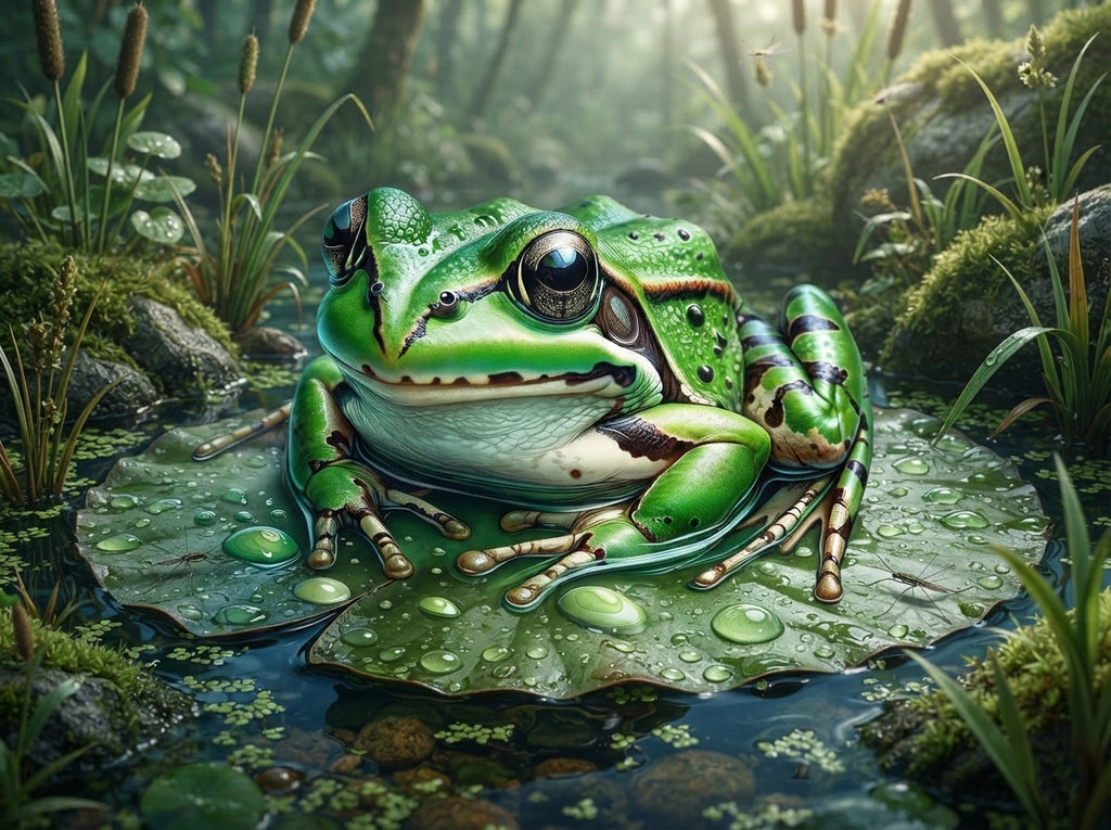 Wandbild Frosch Seerosenblatt Wassertropfen Schilf Waldlicht Kunstdruck auf Leinwand