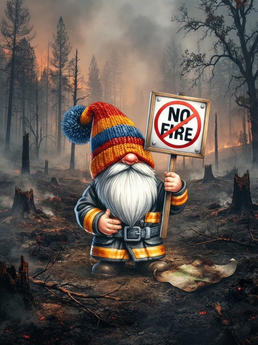 Feuerwehr Wichtel im ausgebrannten Wald mit No Fire Schild Kunstdruck auf Leinwand