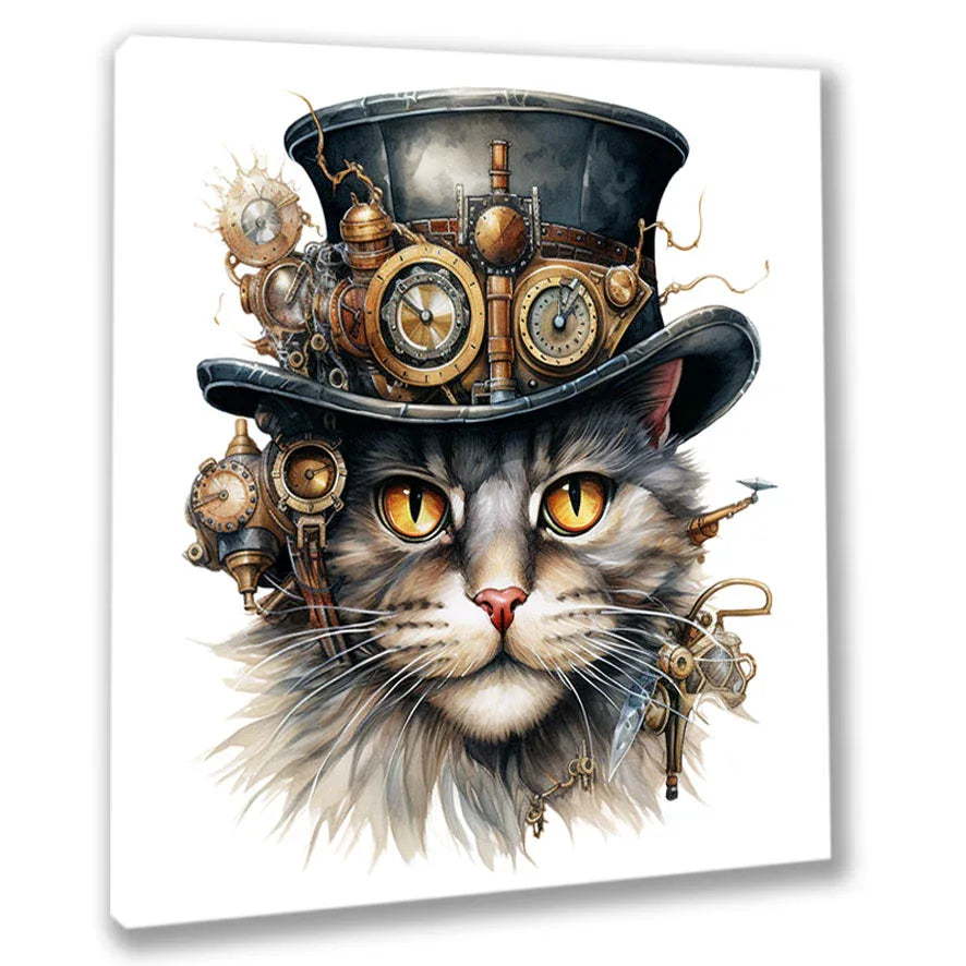 Wandbild Katzenkopf 7 Steampunk Kunstdruck auf Leinwand direkt zum Aufhängen | Wandbild Galerie