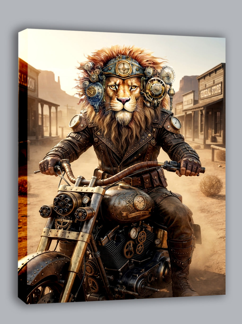 Wandbild Löwen Steampunk Motorrad Kunstdruck auf Leinwand