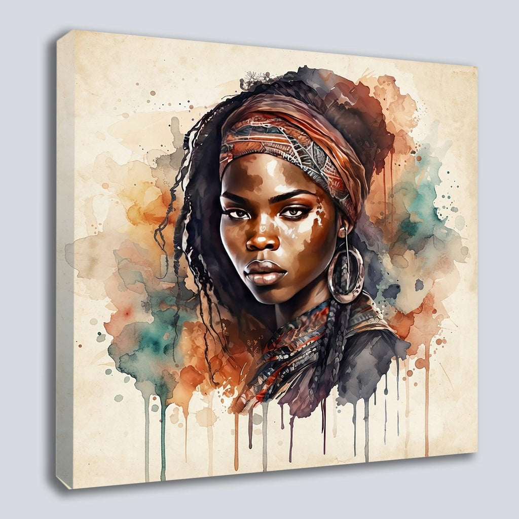 Afrikanerin Nr. 8 – Portrait mit Stirnband und Creolen Aquarell Kunstdruck auf Leinwand