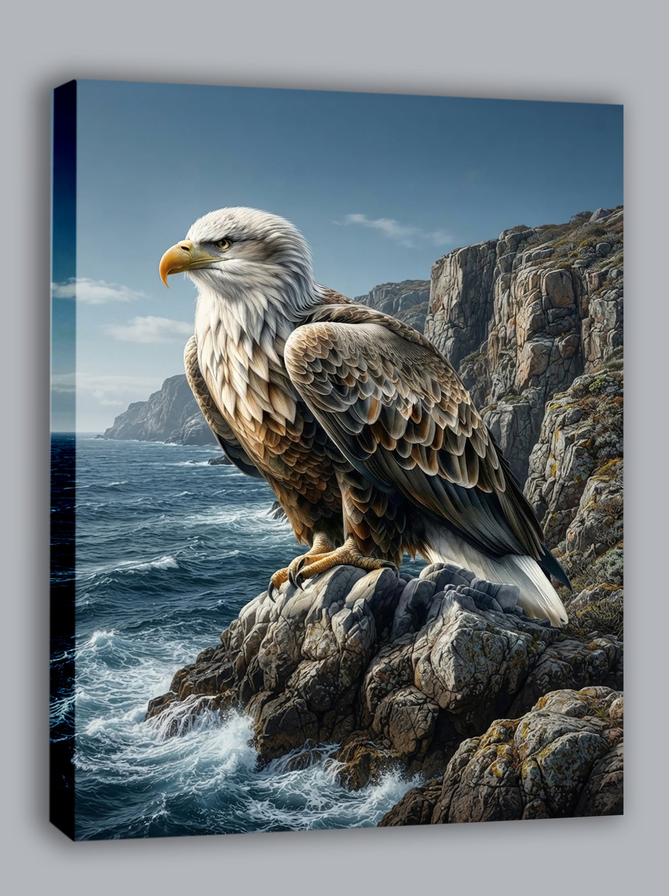 Wandbild Adler Sitzend Steilküste Klippen Meer Illustrationsstil Kunstdruck auf Leinwand