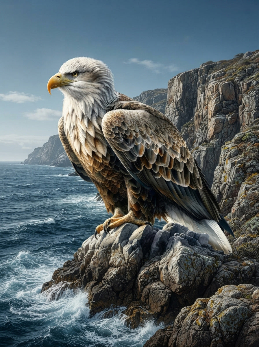 Wandbild Adler Sitzend Steilküste Klippen Meer Illustrationsstil Kunstdruck auf Leinwand