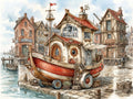 Wandbild Hausboot Karikatur 8 Kunstdruck auf Leinwand