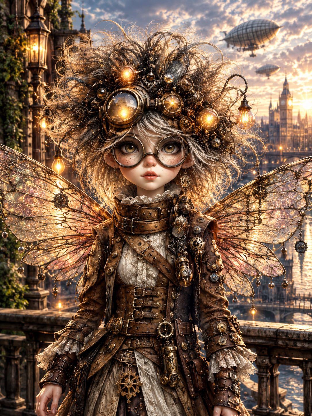 Steampunk Flügelhüterin mit großen Flügeln, Brille und Zahnrädern