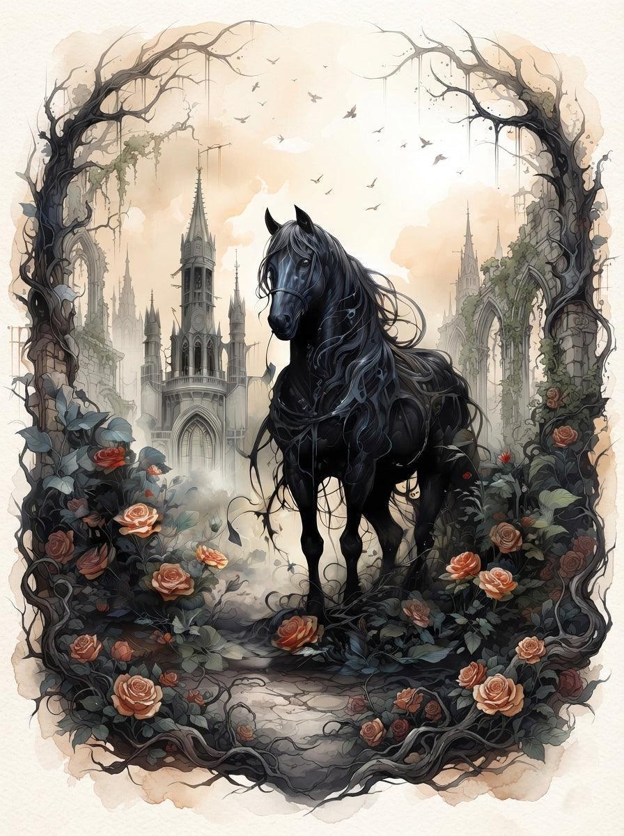 Gothic Pferd im Rosenwald Kunstdruck auf Leinwand